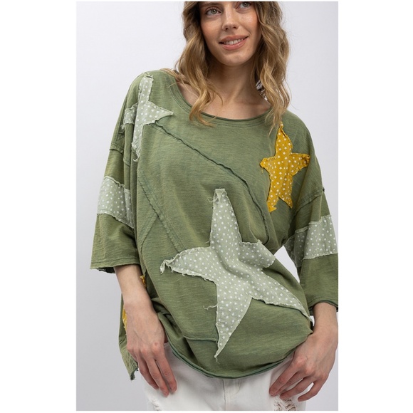 Bluevelvet Olive Green Raw Detail Star Patch Loose Fit Short Sleeve Top - Picture 10 of 10